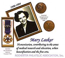 FDC cachet for the 78 cent Mark Lasker stamp by the Rochester Philatelic Association